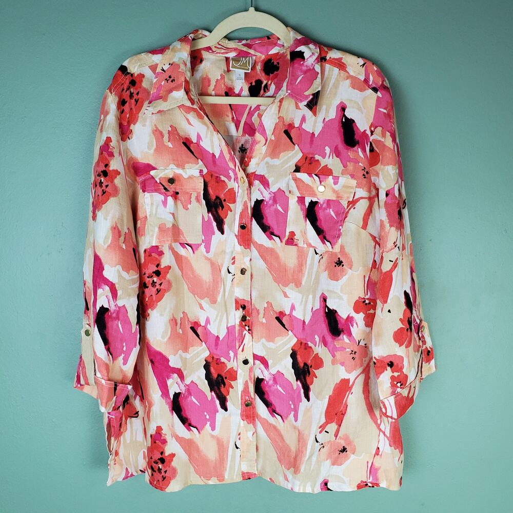 JM Collection Muted Pink Floral Linen Button Front Top Size 16